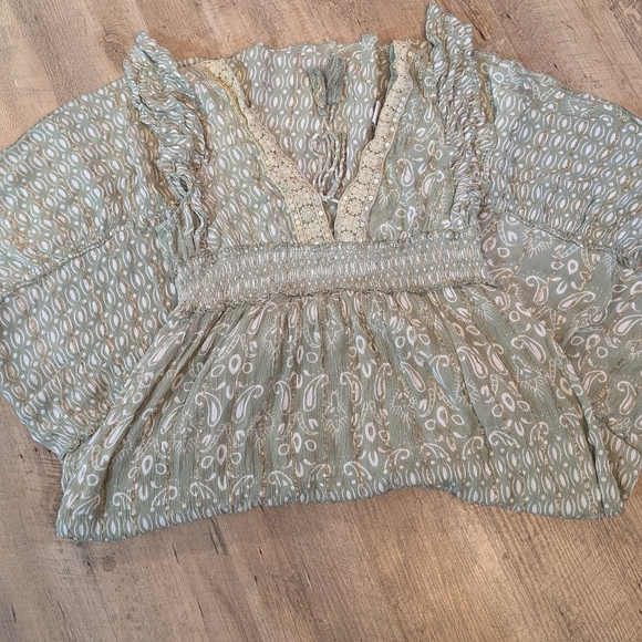 Ananta Boho Dress W/ Lace-trim V-neck. Sage Green W/White + Gold. Size 1X/2X - Picture 4 of 6